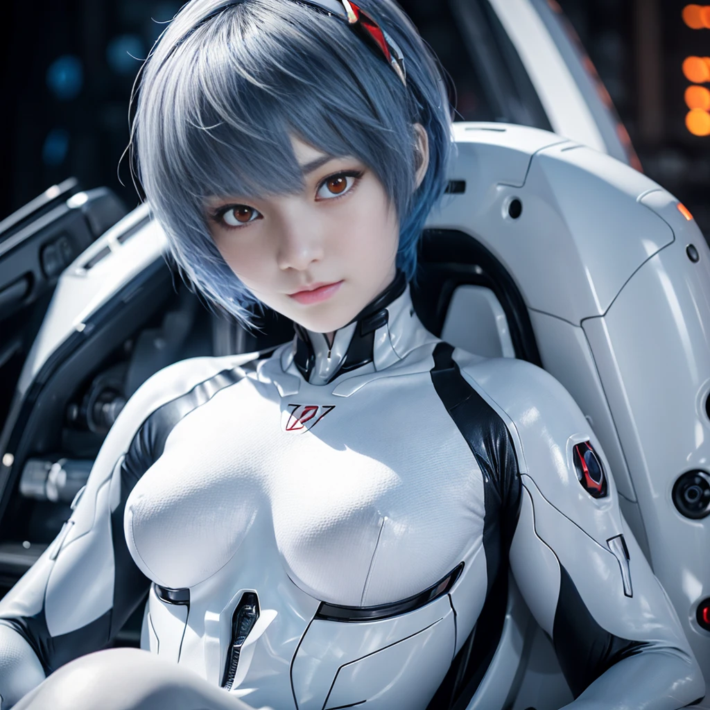 (8k, RAW photo, highest quality, refined details, Masterpiece: 1.2), (high resolution 8k wallpaper), sharp focus, professional lighting, depth of field, cinematic lighting, background blur, Evangelion ayanamirei. She is a Japanese woman with blue hair, (pale skin:1.6),(red eyes:1.5), and a white plug suit. Her futuristic background and realistic style with a cool look are her hallmarks. Quiet atmosphere like science fiction,full body,