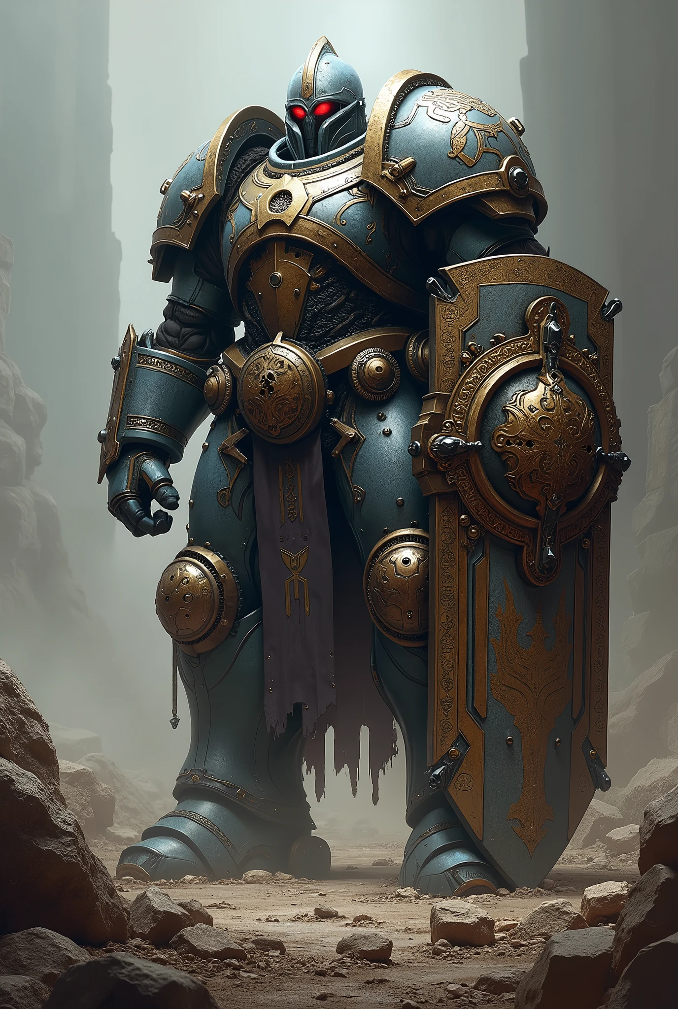 Steel Paladin Warforged tank with one Tower shield and Full plate red eyes