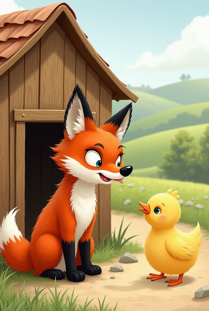 Dessin histoire pour enfant, dessin mignon, un renard adulte a l'air méchant qui se lèche les babines, discute avec un poussin devant un poulailler