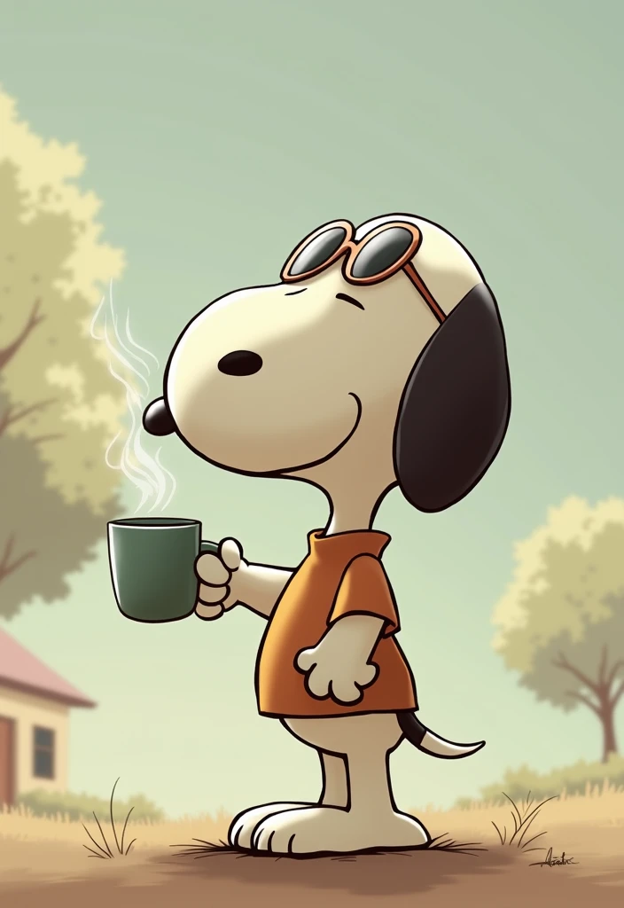 A drawing of Snoopy, the famous dog from the comic strip 'Peanuts'. He wears sunglasses and a shirt. He is standing and (((leaning against his doghouse in the background))). Snoopy is holding a coffee mug, with steam rising from it. The drawing style is composed of firm and bold lines., Handmade, no shading. The overall look is clean and minimalistic, with precise and confident features, emphasizing the character and the scene. (((leaning against his doghouse in the background)))