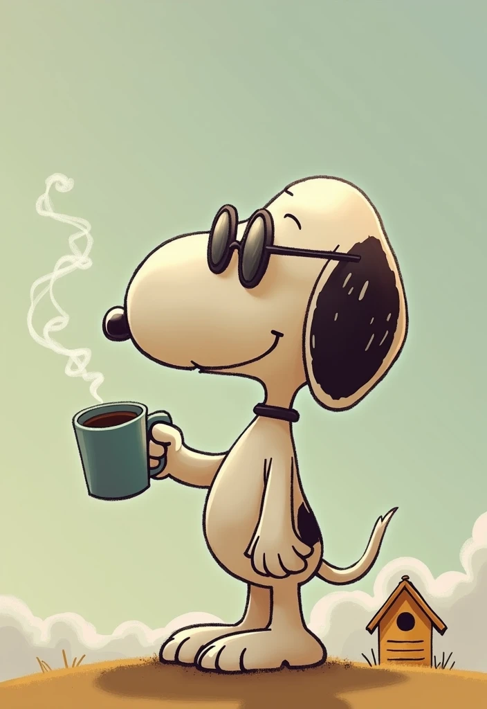 A drawing of Snoopy, the famous dog from the comic strip 'Peanuts'. He wears sunglasses and a shirt. He is standing and (((leaning against his doghouse in the background))). Snoopy is holding a coffee mug, with steam rising from it. The drawing style is composed of firm and bold lines., Handmade, no shading. The overall look is clean and minimalistic, with precise and confident features, emphasizing the character and the scene. (((leaning against his doghouse in the background)))