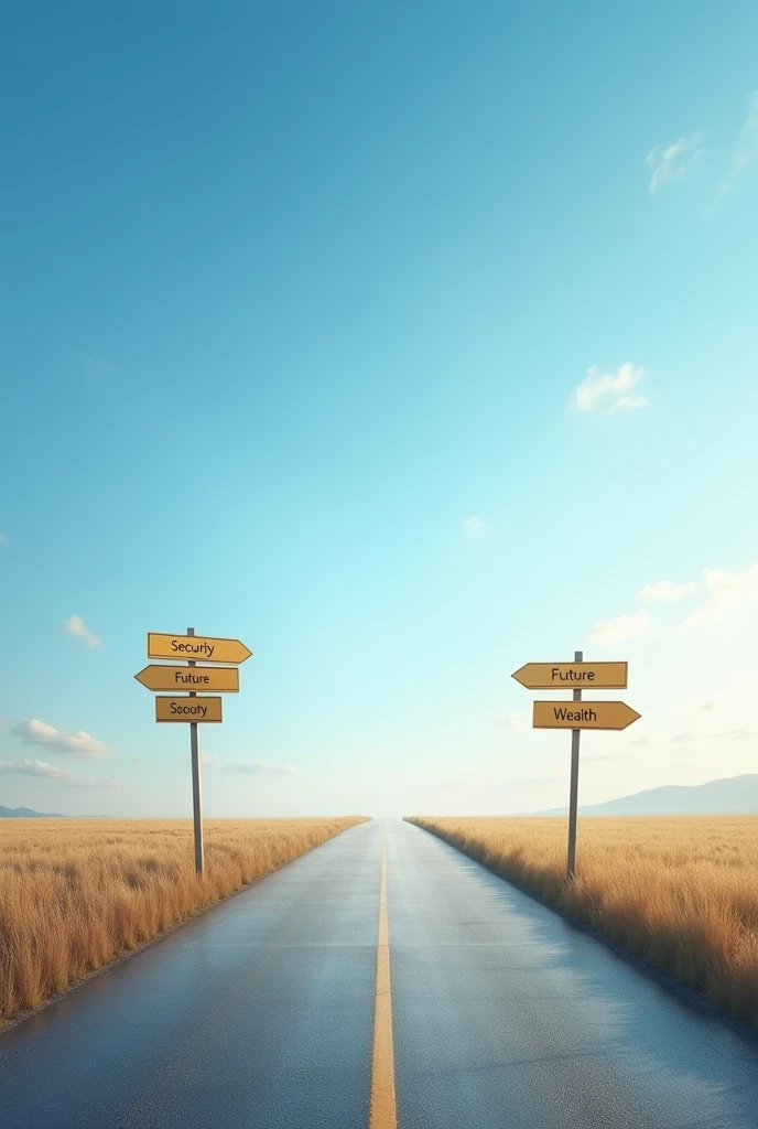 An open road stretching into the horizon with a clear sky, symbolizing freedom. Alongside the road, there are signs labeled "Security," "Future," and "Wealth," indicating the paths that financial success can lead to.