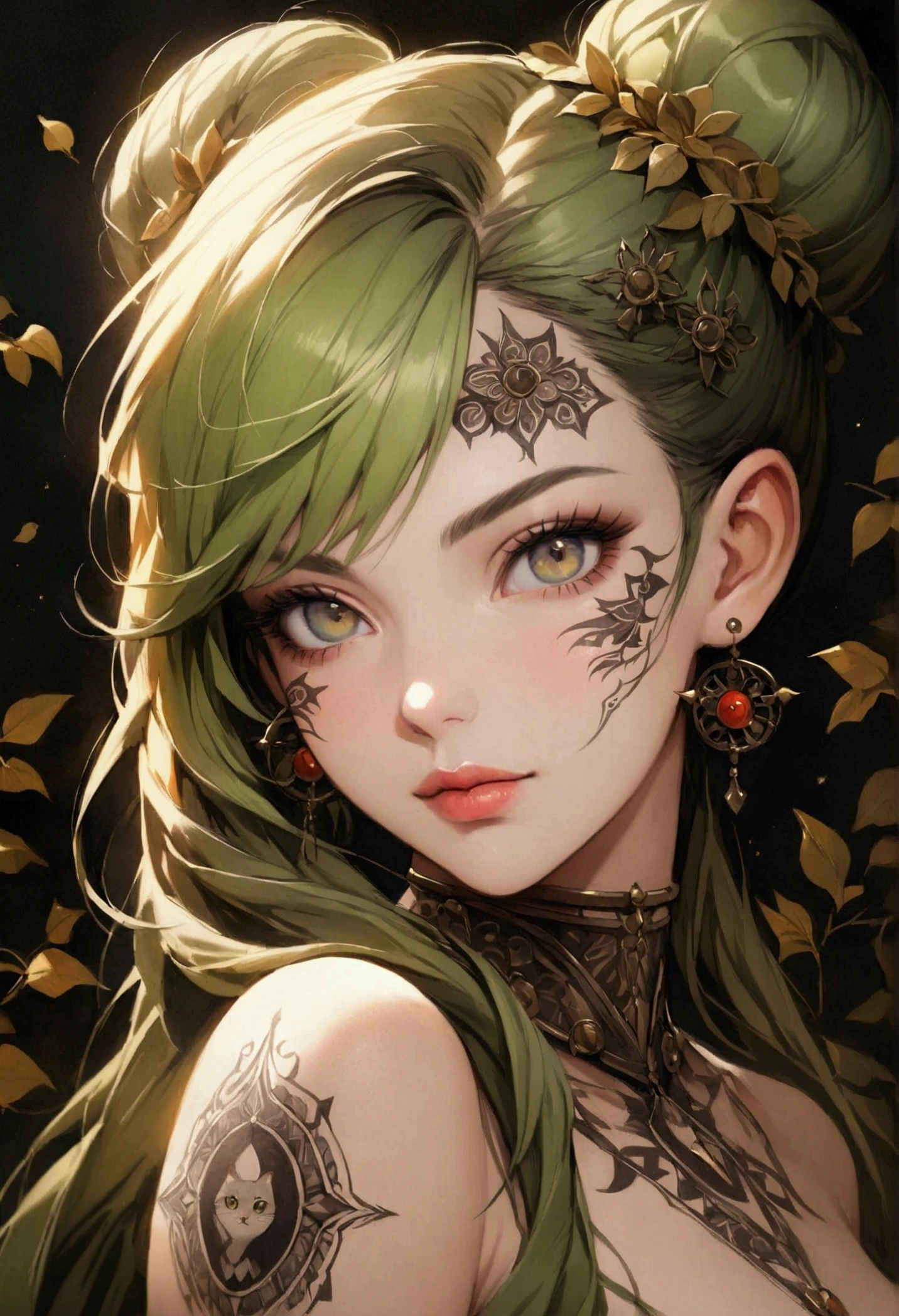 A highly detailed, hyper-realistic portrait painting of a young woman sexy decote Sensual gig titis semi nua with vibrant green hair styled in an elaborate high bun and two long braided pigtails. The blonde hair features intricate insetos moscas baratas escaravelho with various insetos including moscas batatas insetos and a prominent cats with 'UNS' written in white bold letters. The woman's face is starsvered in elaborate tattoos with intricate designs including swirls, leaves, geometric pat