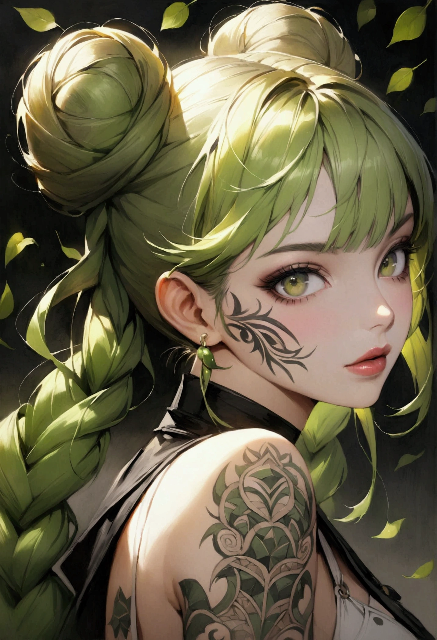 A highly detailed, hyper-realistic portrait painting of a young woman sexy decote Sensual gig titis semi nua with vibrant green hair styled in an elaborate high bun and two long braided pigtails. The blonde hair  features intricate insetos moscas baratas escaravelho with various insetos including moscas batatas insetos and a prominent cats with 'UNS' written in white bold letters. The woman's face is starsvered in elaborate tattoos with intricate designs including swirls, leaves, geometric pat