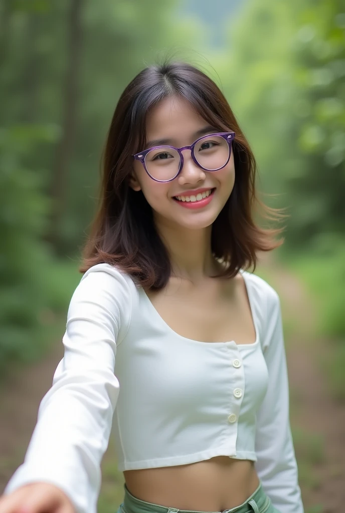  nepali girl. Brown eyes mid hair . Beggy green cargo jeans white crop top. Smiling . Diamond face. Wearing  baby purple glasses. Selfie. 
