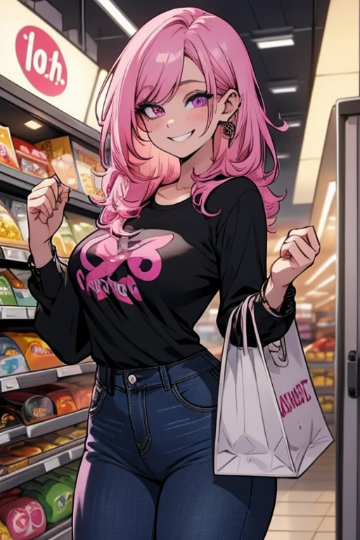 Perfect face. Perfect hands. A pink haired woman with violet eyes with an hourglass figure in a black plaid shirt and jeans is shopping in the grocery store with a big smile
