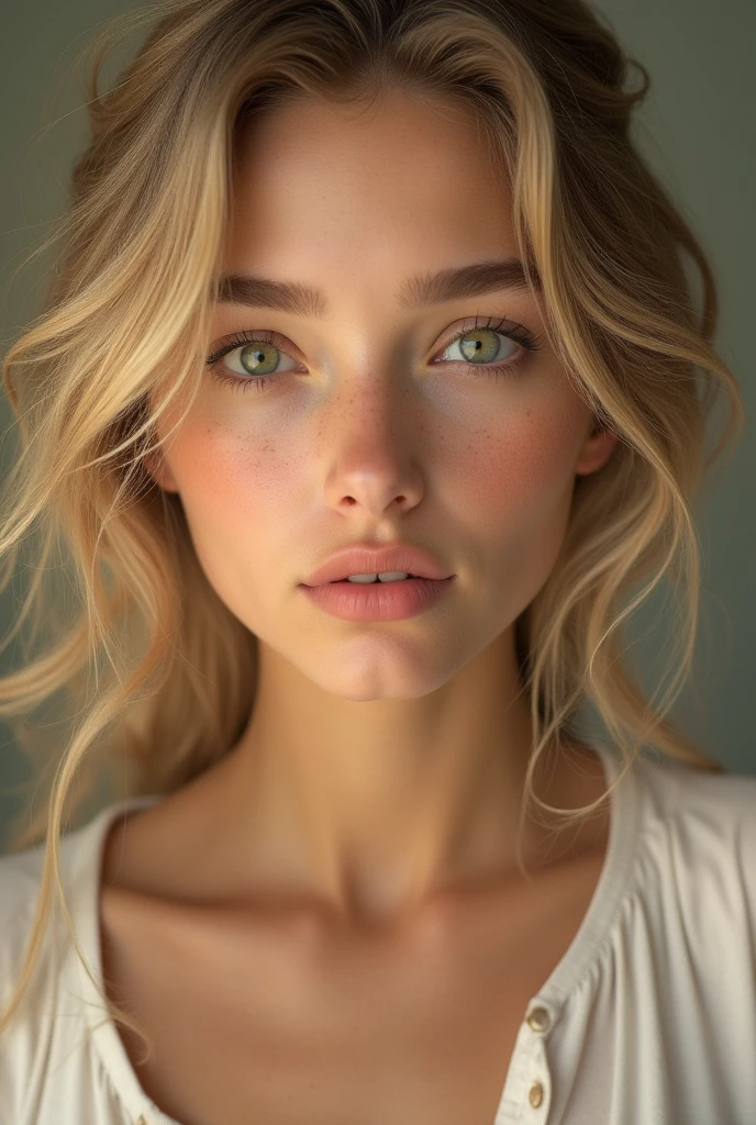 warm features, soft face, wavy blonde hair, green eyes, fair skin, gentle expression, round cheeks.