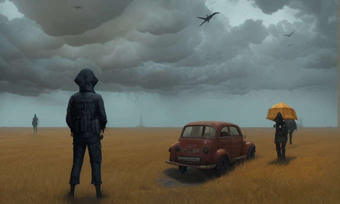 Horror town, gritty Lovecraftian horror story art, a forgotten strange land and odd looking people, (((this is truly terrifying art))), horror fantasy, surreal science fiction painting, alexey egorov, Simon stålenhag, Denis sarazhin, ominous sky, Alex colville, terrifying art, moody and atmospheric, Emmanuel Shiu, Darek Zabrocki, Sergei Sarichev, BEEPLE, Jama Jurabaev, Tom Hicks and Ian Joyner, Sebastian Luca, Kevin Jenkins, Alexey Egorov, Immersive landscapes—Jon McCoy, SPARTH, unreal engine, octane render, nightmarish, disturbing art, grim noir, narrative storytelling art, phenomenal painting, (raw, vivid and gritty), unnerving and unsettling, cinematic dark light,