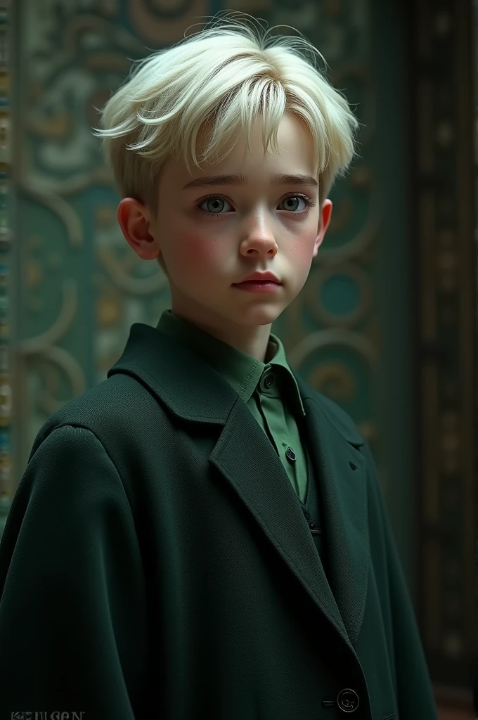 Generate a male Harry Potter character who has short, light hair, pale skin, gray eyes, dresses elegantly, and is from the Slytherin house.