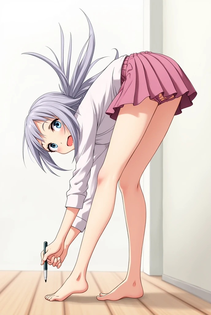 Anime girl in miniskirt picking up a pen from the ground while standing, bending 70°(*behind lower view*) underwear revealing