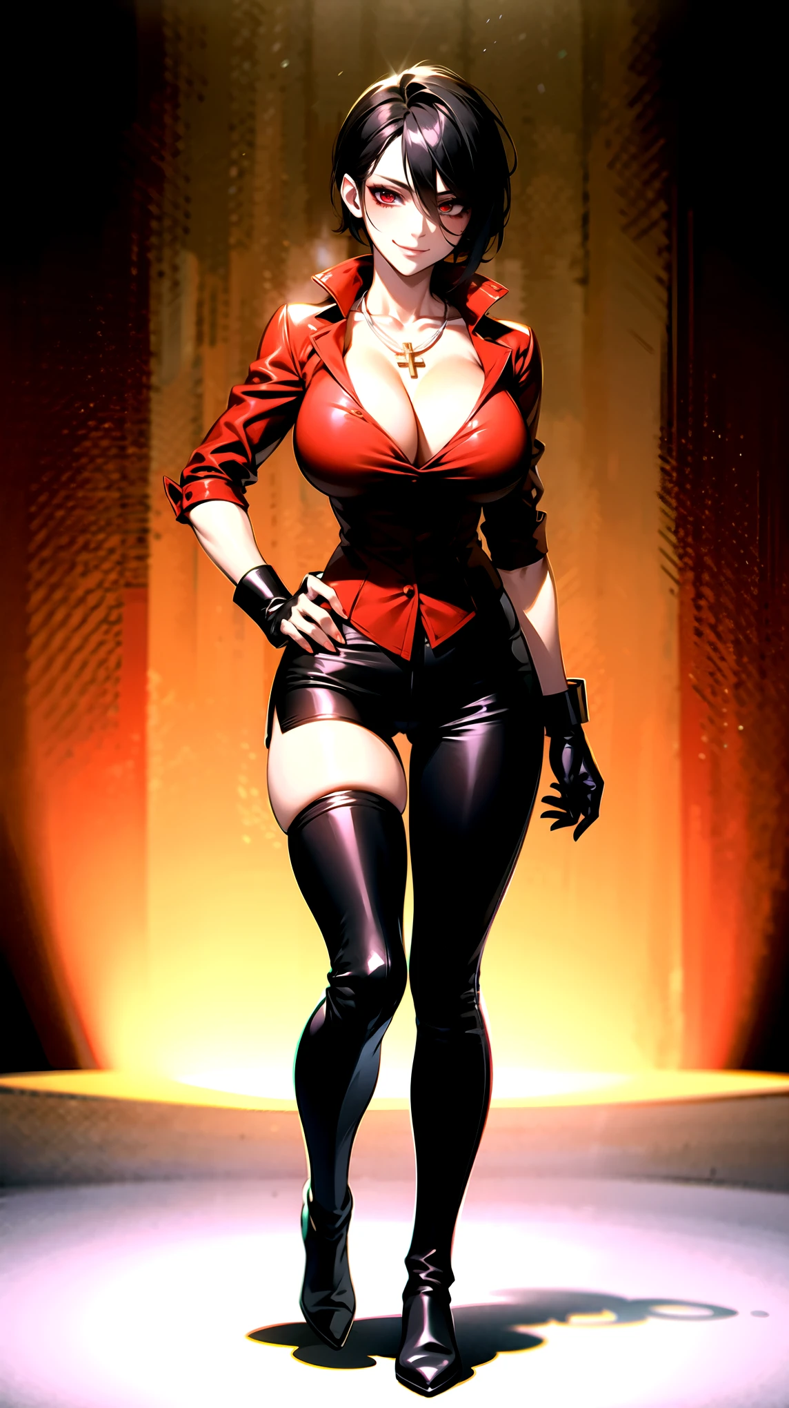 ((super high quality,))((Ultra-high resolution,))(16K,)(super masterpiece,)((Ultra HD ,))(Detailed shading,)Full body photo,A sexy mature woman,((popped Tight collar Red shirts,Folded sleeves,Black gloves,Glossy black pants, Black long boots,))Black hair straight short,Sharp Eyes,Cleavage,Place one hand on hip,slouch,Provocative smile,Cross Necklace,