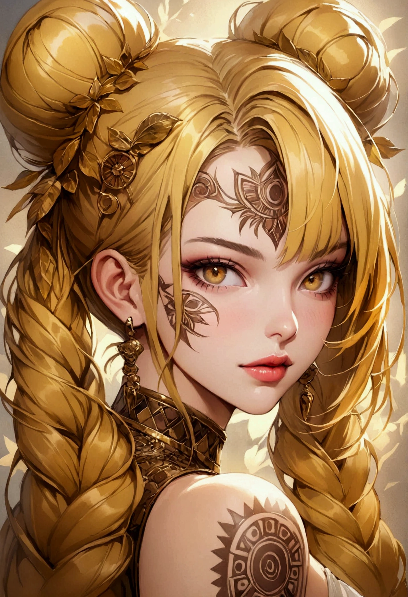A highly detailed, hyper-realistic portrait painting of a young sexy woman sexy decote Sensual gig titis semi nua with vibrant gold hair styled in an elaborate high bun and two long braided pigtails. The blonde hair  features intricate insetos moscas baratas escaravelho with various insetos including moscas batatas insetos and a prominent cats with 'UNS' written in white bold letters. The woman's face is starsvered in elaborate tattoos with intricate designs including swirls, leaves, geometric pat