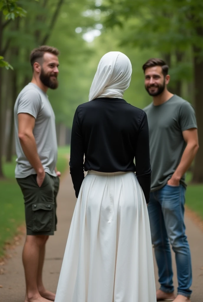 European white headscarf, black long sleeve t shirt, white skirt, barefoot, woman talking to male friends in the park. 