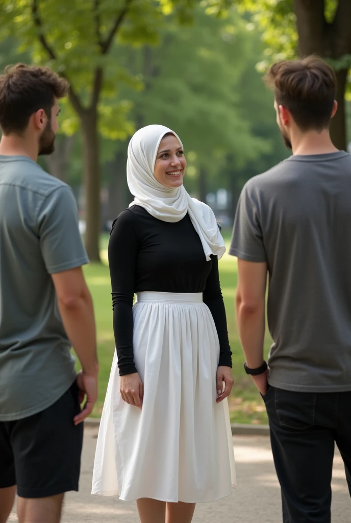 European white headscarf, black long sleeve t shirt, white skirt, barefoot, woman talking to male friends in the park.