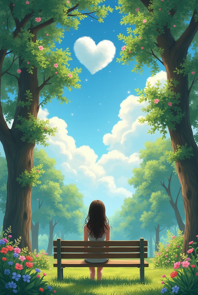 A beautiful girl sitting in park and that park contains beautiful nature trees contain a beautiful flowers and that girl looking into the sky in that sky heart shape cloud is formed that girl sitting on bench view is in back side of that girl 