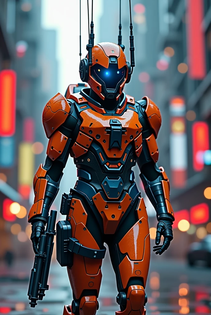 Soldier in futuristic orange and blue armor with multiple antennas on the sides. In addition, He has two mini-machine guns on his legs. The soldier is in a city with red LEDs