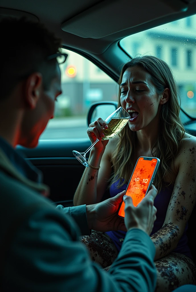 Uber Driver Mutilating Himself to Earn 5.60 highlight the value on the screen and in the back seat a woman covered in mud drinking champagne