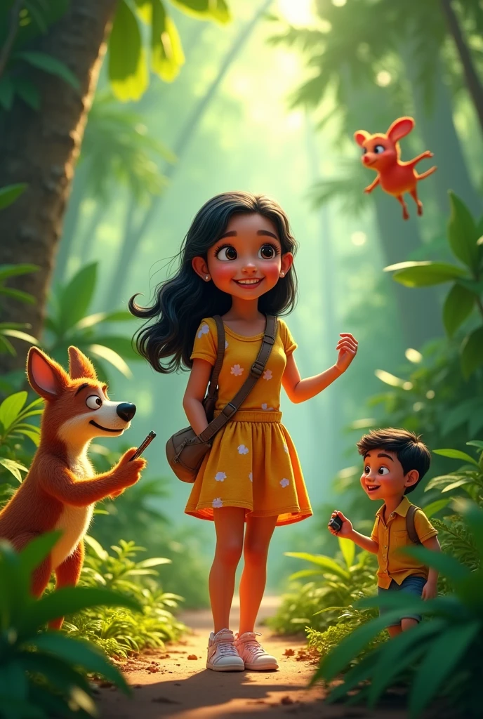Latina girl playing among the Amazon trees with her family and friends, Pixar style drawing