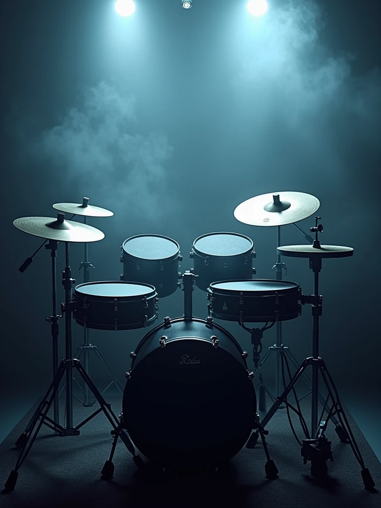 A full set of Electric drums in low lighting in a smoky room full colour hires hd photorealistic