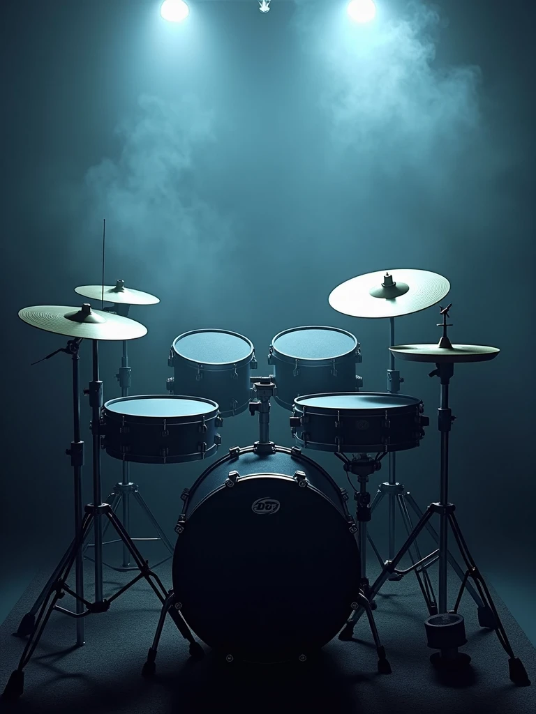 A full set of Electric drums in low lighting in a smoky room full colour hires hd photorealistic