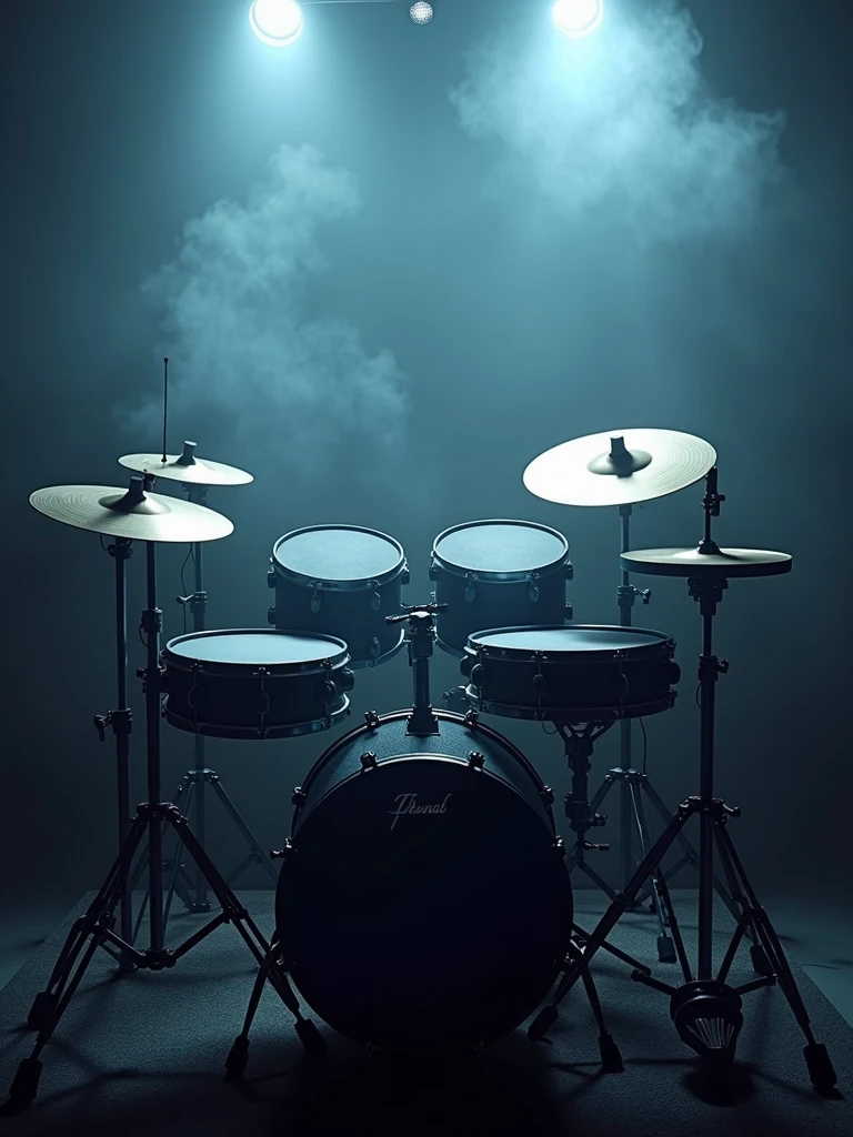 A full set of Electric drums in low lighting in a smoky room full colour hires hd photorealistic