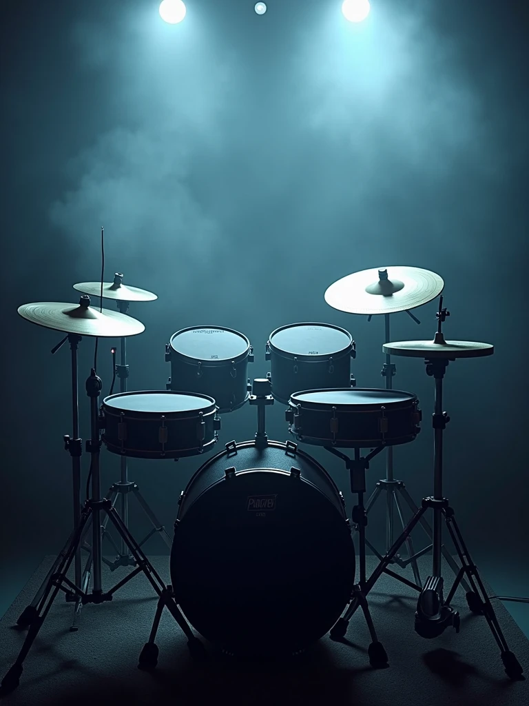 A full set of Electric drums in low lighting in a smoky room full colour hires hd photorealistic