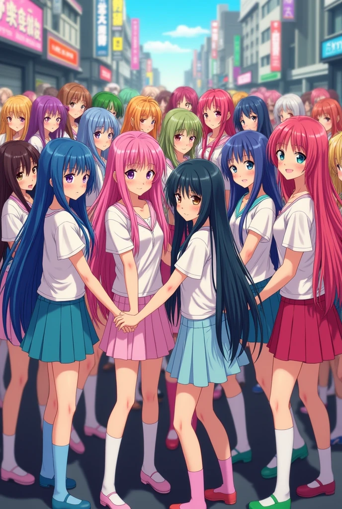 5,000 long-haired anime girls wearing colorful very short skirts, colorful long socks, and colorful hirajuku are taking a group photo while holding each other very close and smiling slightly.