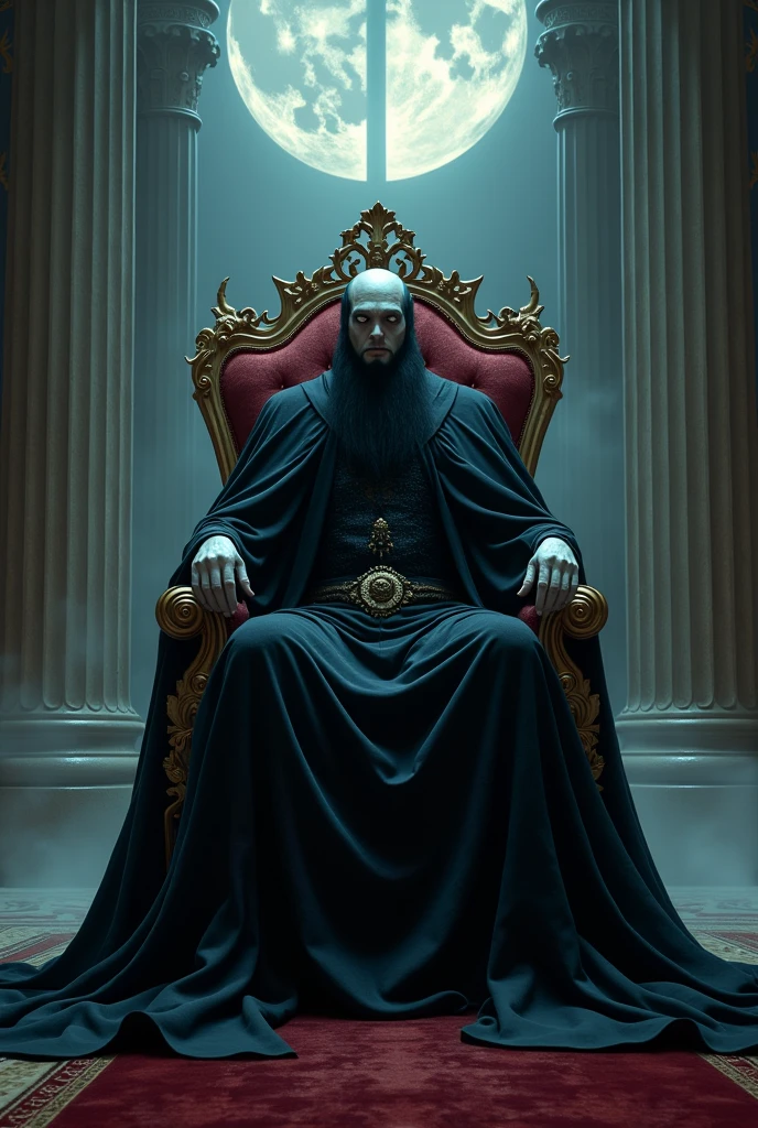 venerable regal black bearded pale skinned vampire lord in long black cape in a gothic throne room by moonlight