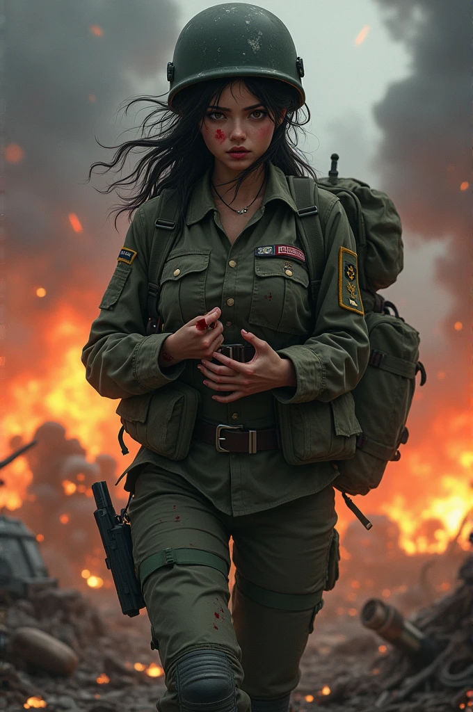 Imagine an image of a army girl of 2 with a big backpack on her  back and large boobs gorgeous looking, where she is in between a battlefield clenching her wounds.