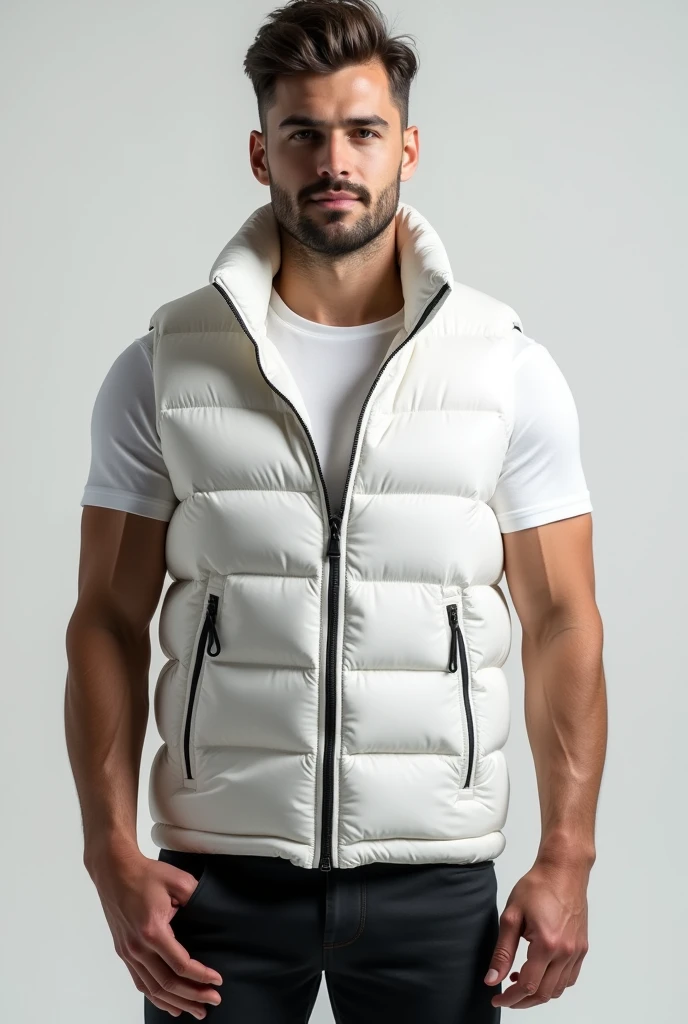high-quality mockup man weriaring Down vest white with front and back view