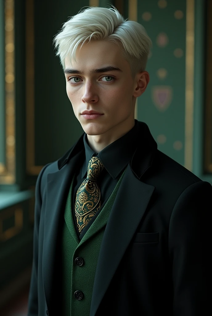 Generate a male Harry Potter character who has short, light hair, pale skin, gray eyes, dresses elegantly, and is from the Slytherin house.