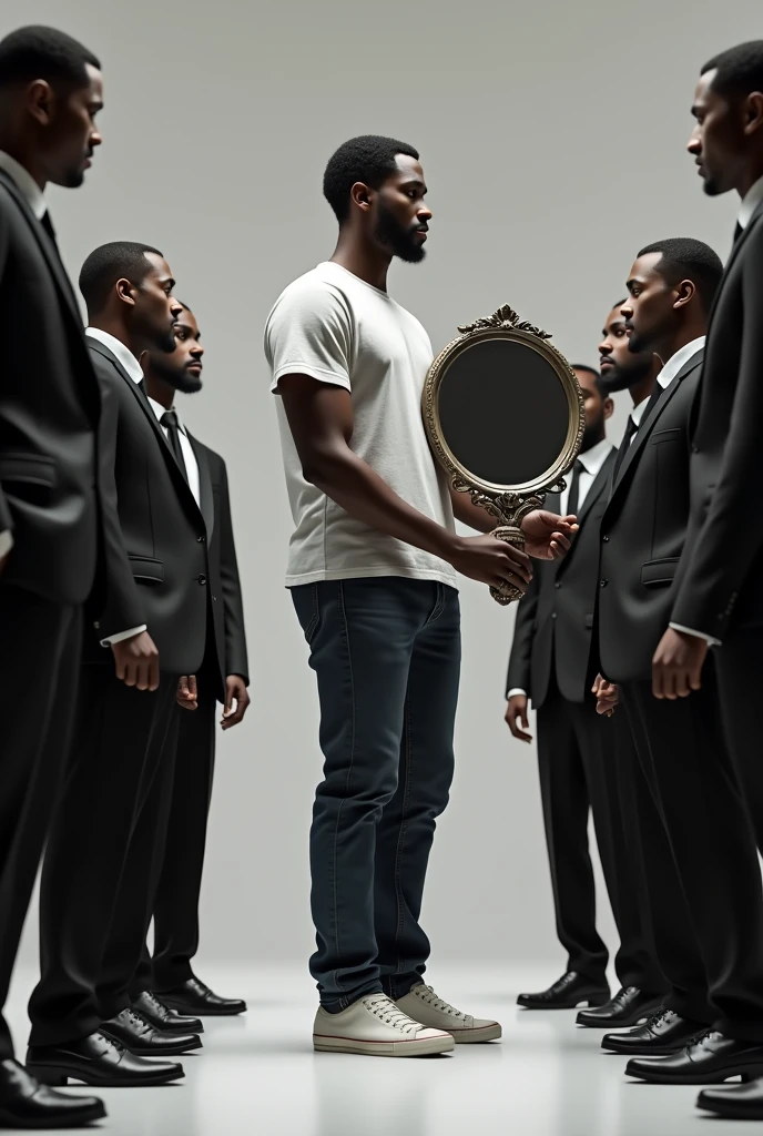 crie um homem, de veste casual, holding a large hand mirror. And men dressed in suits looking at their reflections in the same mirror 
