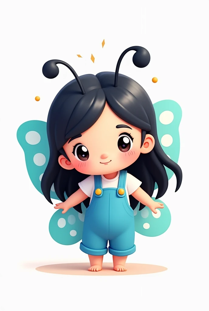 A cute little butterfly with long straight black hair and a blue outfit on a white background in the shape of a cartoon for a brand logo and that she is a little less white and that she is looking at the screen that she is small and cute like a cartoon a little chubby and brown long hair and remember that she is a little butterfly just makes her a little less light