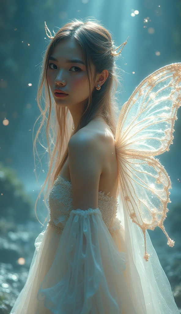 fAiry fractal elemental of light and plasma, Butterfly wings made of thread, Long robe dress、It consists of thin stripes of mist that fade into the background, iris, Airy, Atmospheric, translucent, Detail view, HDRI Lighting, Flickering, Professional photo, High resolution, 8k, Surrealism, Feminine beauty, Bright colors, A scattering of stardust in delicate pearl pastel colors, Starry Sky, milky, Fractal background golden kaleidoscope resolution, Beautiful eyes and face, movieのような写真, 35mm Photography, movie, Bokeh, Professional, 4K, Very detailed