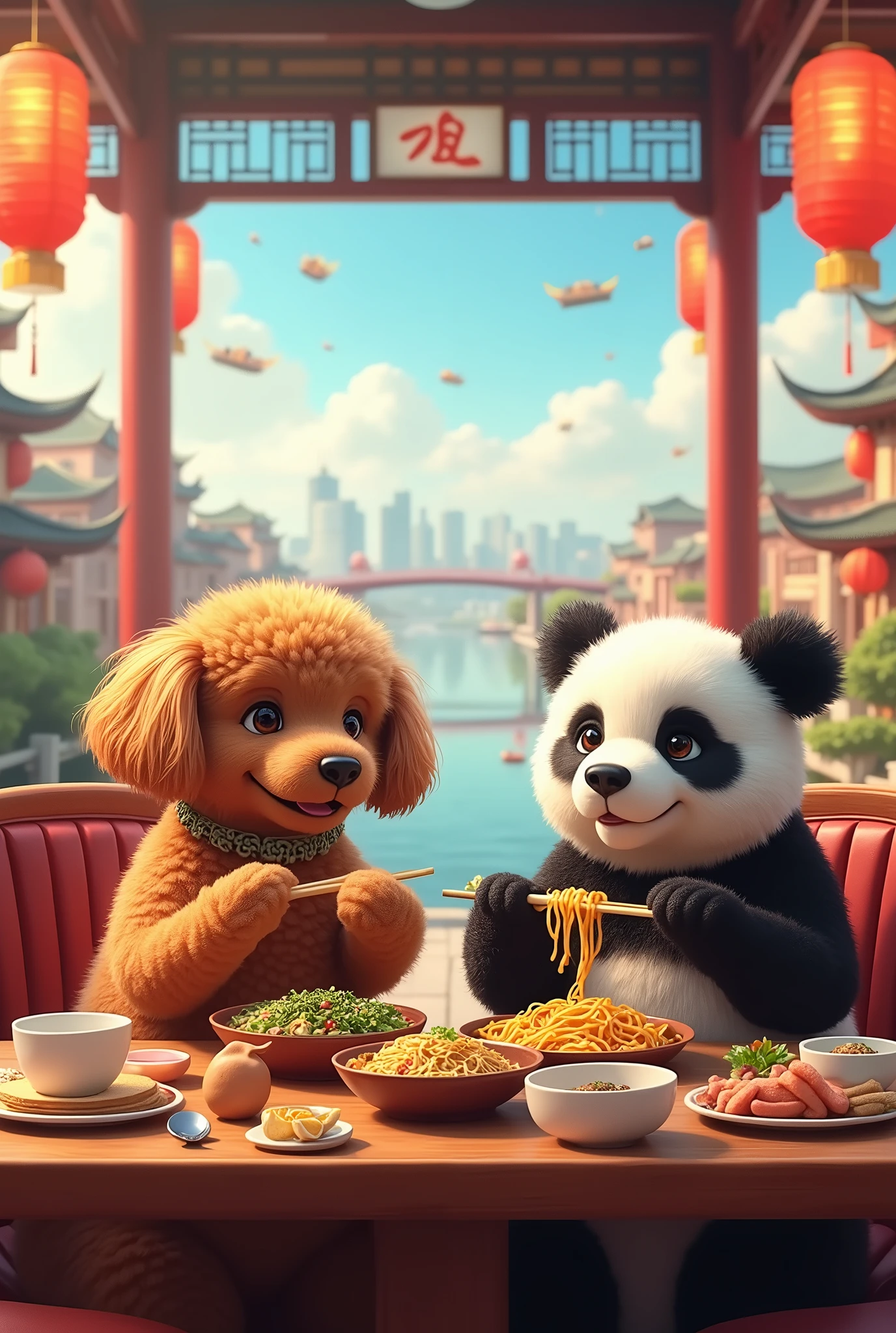 Two characters,super wide angle,
Brown poodles and pandas sit together with chopsticks and bowls. Pandas eat Chongqing hot pot together,food,landscape,sky,panda,outdoor,chopsticks,cloud,no one,eating,day,noodles,mouth,table,building,restaurant,holding,blue sky,brown eyes,ramen,city,lantern,water,cup,bridge,chair,paper lantern,plate,smile,city landscape,boat,