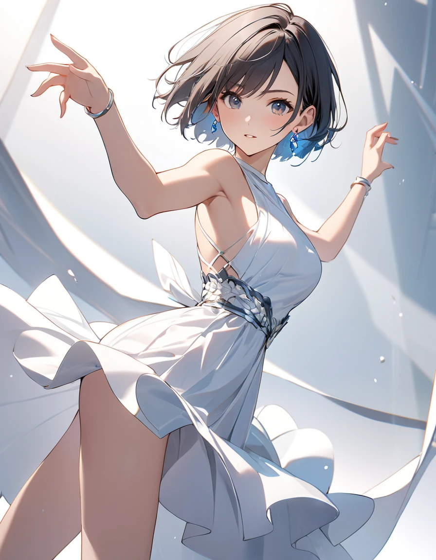 1girl, best quality, beautiful, short hair, 8K, white dress, dynamic angle, act cool pose, earrings, perfect body, concept