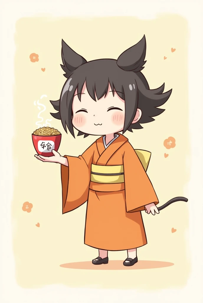 A simple drawing without many features of a closed-eyed Chinita with Two Pucca-like Tails and an Orange Kimono and Yellow Sashes with an Instant Noodle Soup in her right hand and her other hand open as if she were presenting something, a cartoon that has no realism at all, no details of shine, that is super simple