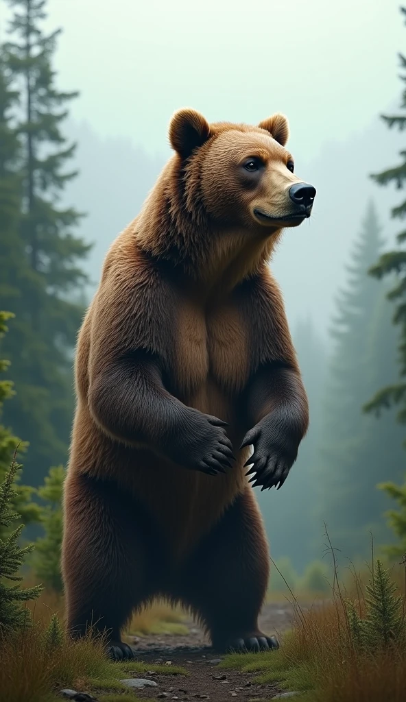 Robust brown bear standing on two paws, surrounded by tall, dense trees of a coniferous forest, soft fog in the background, atmosphere of grandeur and respect, photography realistic, 50mm f lens/1.8 focusing on fur texture and natural environment, --ar 16:9 --v 5






