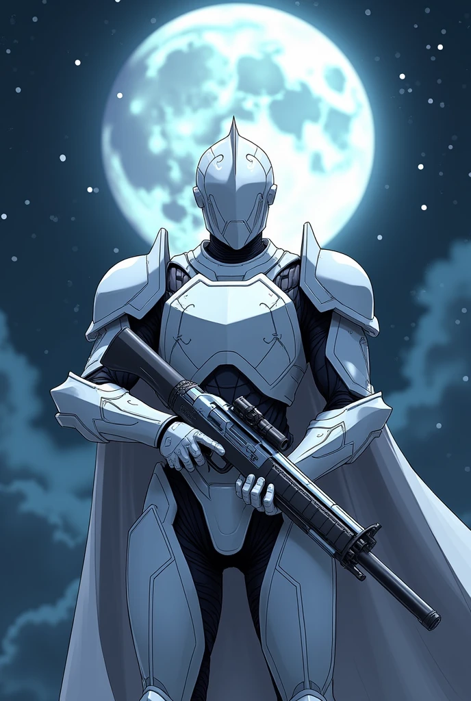 A Knight in a white armour and holding gun and looking at front and in background night sky moon in anime version logo with name of "ARMOUR" in armour