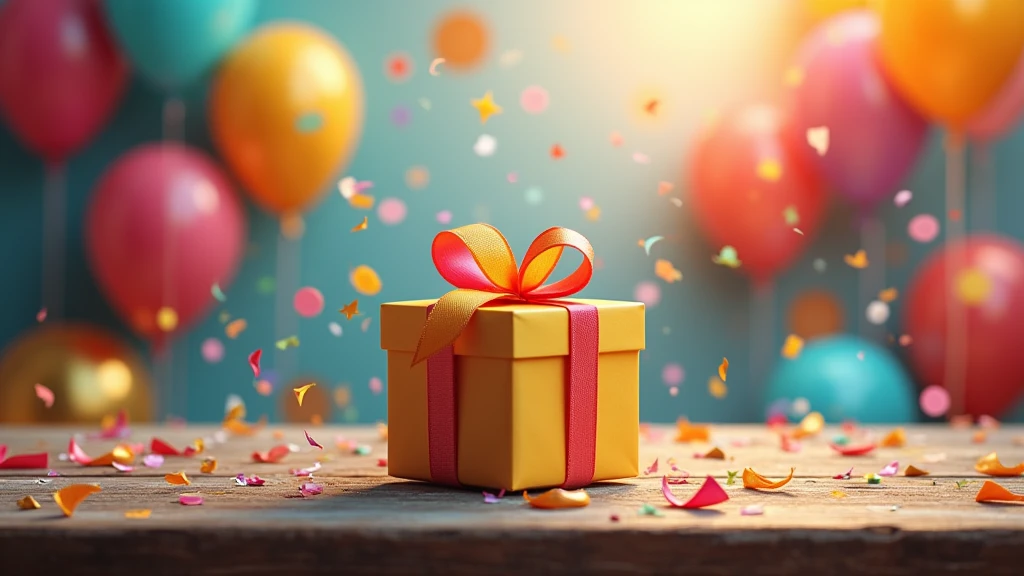 : A vibrant birthday card with colorful balloons, confetti, and a beautifully wrapped gift box on a wooden table. 8k  
