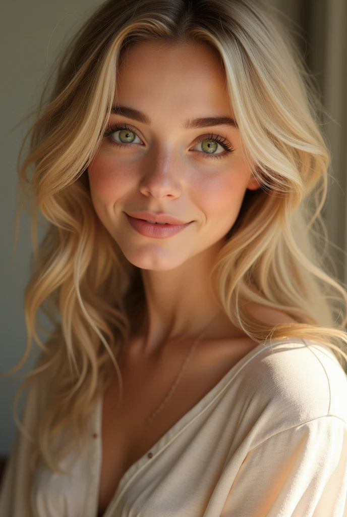 warm features, soft face, wavy blonde hair, green eyes, fair skin, gentle expression, round cheeks, motherly aura, 
Woman
