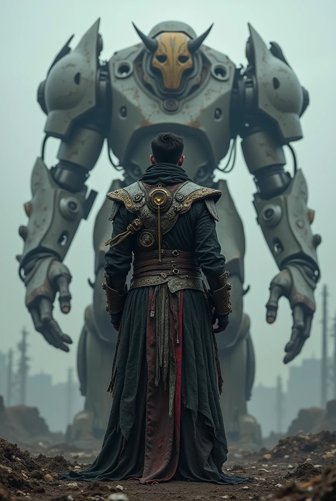 Panotamic of distopic world a man front of a machine, a screenshot inspired by Zoltan Boros, robotic scrap, android scrap, cyborg scrap, tumblr, dau-al-set, wearing apocalyptic clothes, ornate cyberpunk robes, from warcraft, dressed as an oracle, as a solomon kane, tattered robes, intricate costume design, cyberpunk fashion clothing, still from a fantasy movie, post apocalyptic attire, mechanic exposed, cables, scrap, sky line.