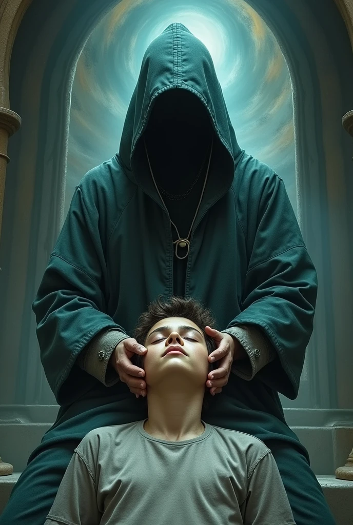 An anonymous doctor who is not wearing a lab coat and is about 3, putting his hands on the head of a young man with his eyes closed, This young man is lying on a stretcher or piece of furniture, The doctor is behind the boy. They are like in an office or doctor's office.
They are not Asians.
Do it as if it were for the story of a fantasy book.