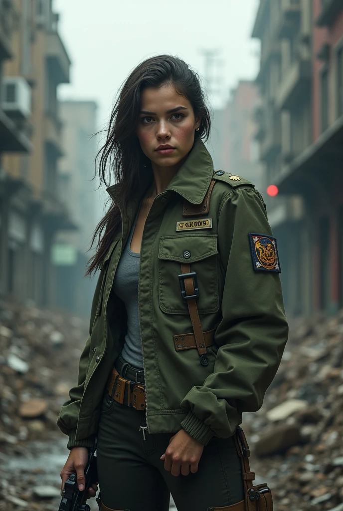Woman in jacket armed in the middle of zombie apocalypse city