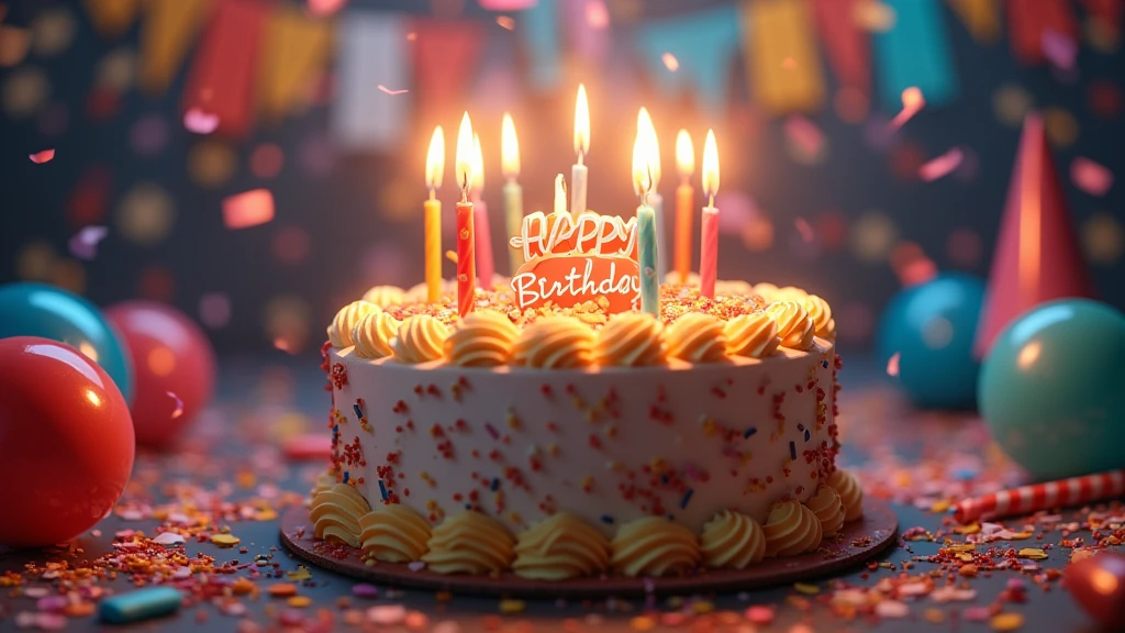 : A close-up of a birthday cake with lit candles, surrounded by festive decorations and a "Happy Birthday" message. 8k