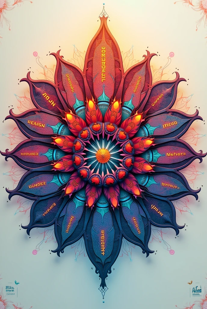 Create a mandala that meets these requirements Ten petals with names of media outlets Twenty petals with words related to the media Seven petals with phrases related to the media