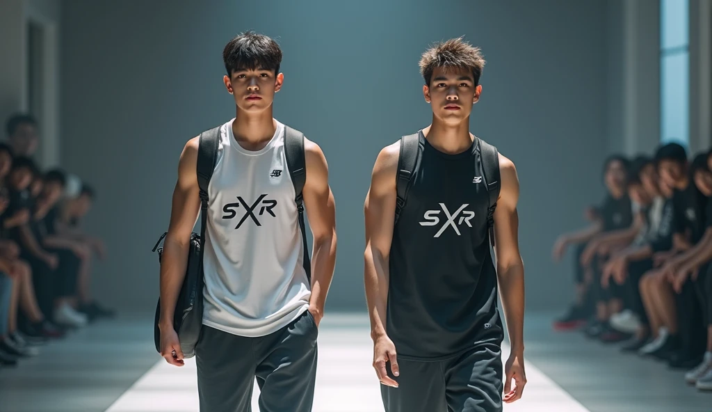 (photorealism:1.2), Two sportwear fashion handsome 18 yrs. old, k pop Asian male model, runway show full body holding sports bag pack, tank top casual wear style, SXR logo design, ultra-detailed, film photography, light leaks, trending on sportwear, sharp focus, studio photo, futuristic details, highly detailed