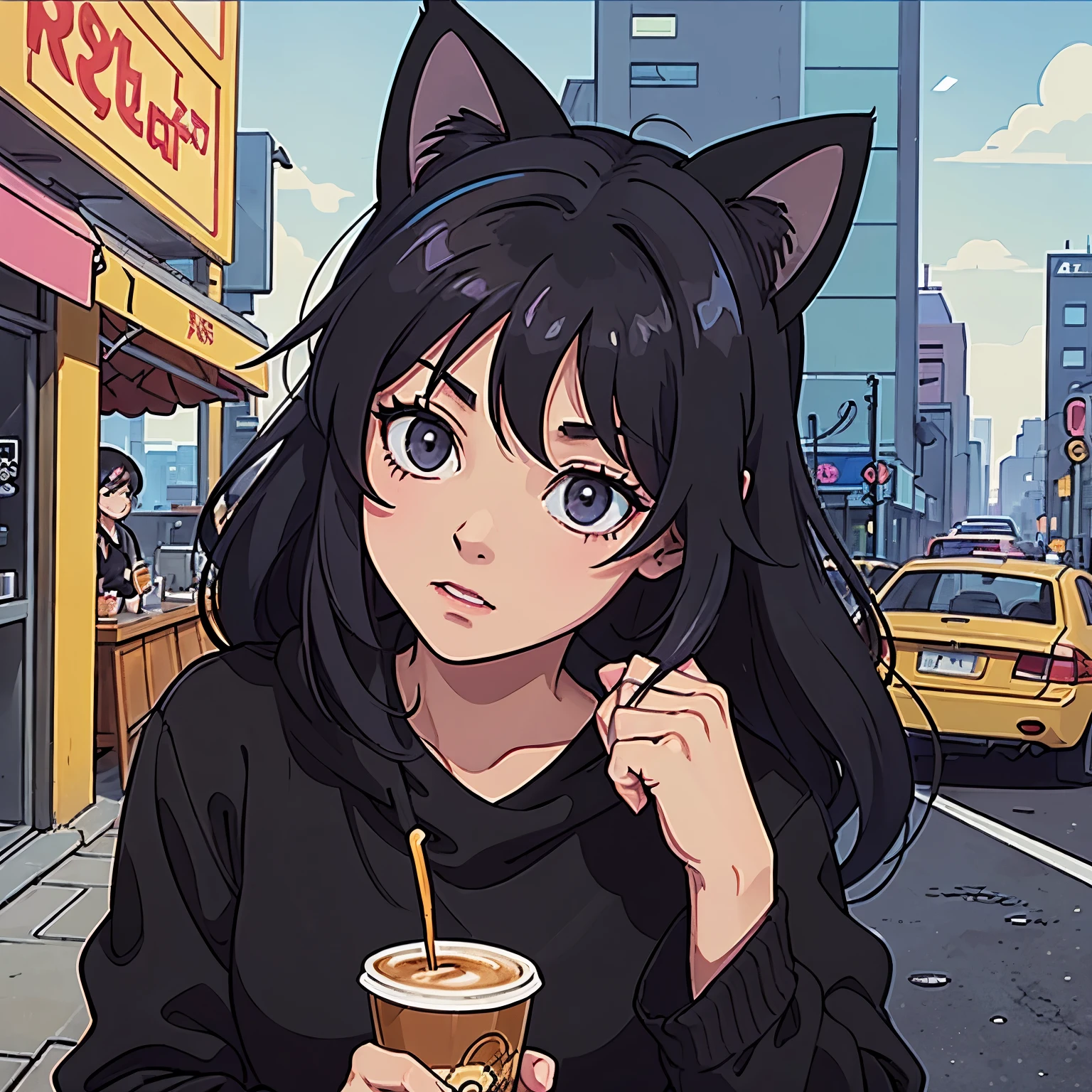 cat girl, with cat ears, short black hair, with rain and relaxing, listening to music, com roupa preta, in a city movimentada e chuvosa, with black clothes and darker colors, with black clothes and darker colors, with black clothes and darker colors, darker colors in the drawing. in a city, in a city, café, coffee shop, drinking coffee, looking forward, with plenty of detail in the city in the background, 8 0 s anime vibe, 90s anime aesthetics, 90s anime style, 90's anime style, 90s anime art style, lofi girl, 80s anime art style, 80s Anime Style, 1980's anime style
