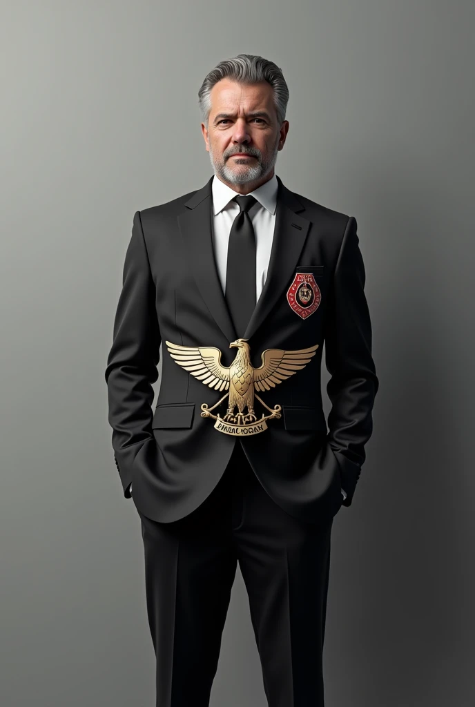 LET THE LIGHT BACKGROUND BE SILVER COLOR. Let it be the coat of arms of BEŞİKTAŞ FOOTBALL CLUB, let it be a D MALE, let it be in a black and white suit. WRITE "ARAZ DOGAN" WITH A 3D LOGO ON THE FRONT OF THE MAN AND THERE WILL BE AN EAGLE IN THE PHOTO.