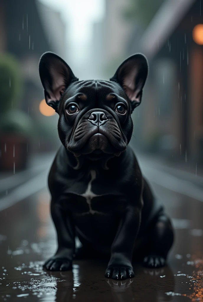 a black french bulldog sitting in the rain